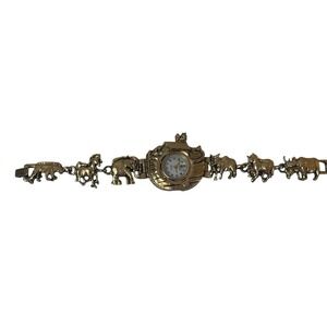 Vtg Cannes Bracelet Watch Womens Gold Tone Stainless Steel Noah's Ark Animals